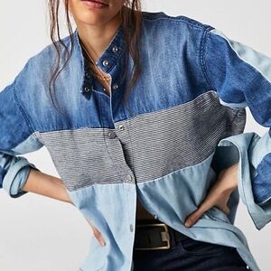 NEW! Free People We The Free Moto Denim Patchwork Colorblock Shirt XS Shacket